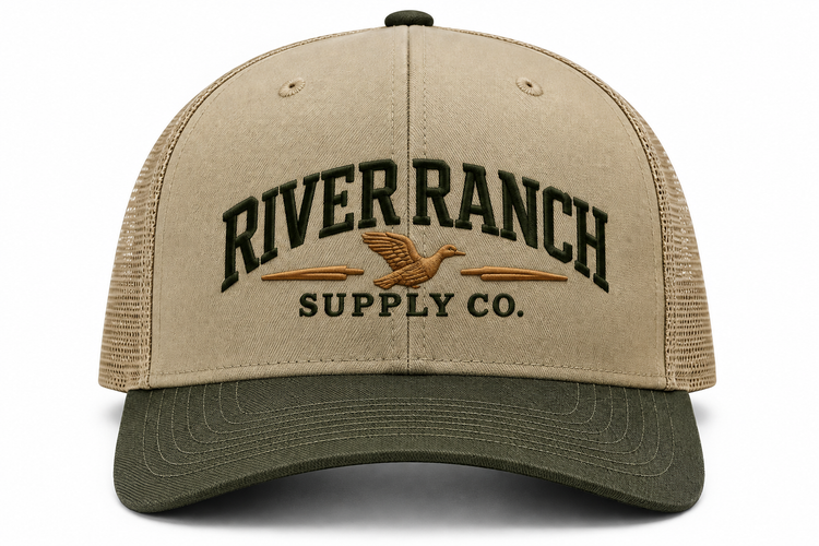 Khaki and olive River Ranch Supply Co. trucker hat with embroidered flying duck and mesh back