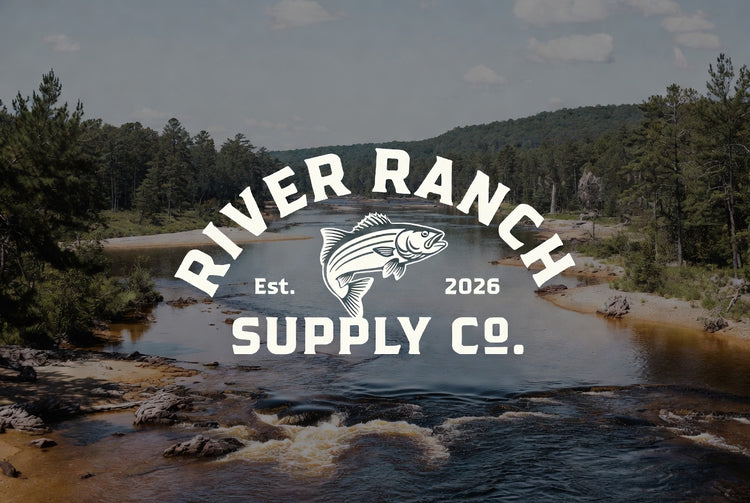 River Ranch Supply Co. logo over a wide forest river