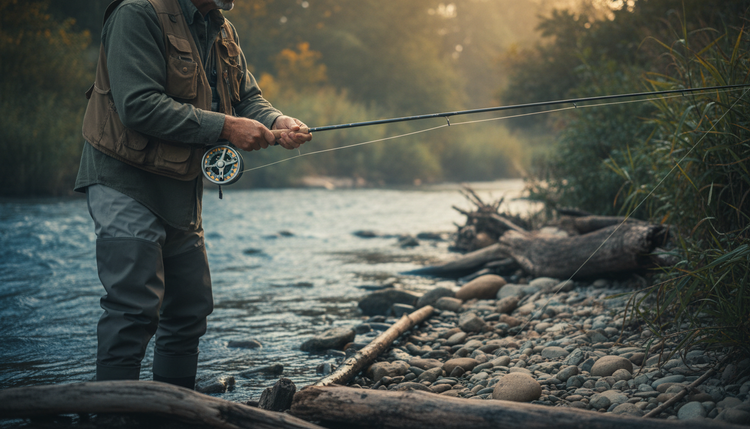 Fly fisherman casting on a river at golden hour