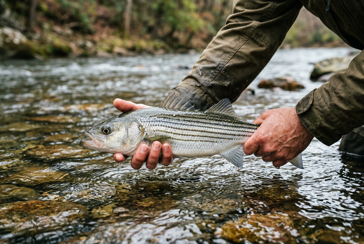 Angler holding a freshly caught striped bass over a clear river