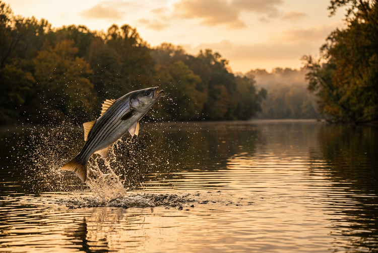 Striped bass leaping from a river at golden hour